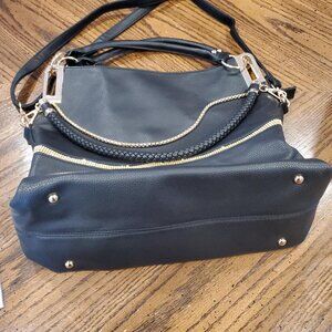 Striking Large Black Vegan Leather Handbag with Rhinestone and Gold Hardware